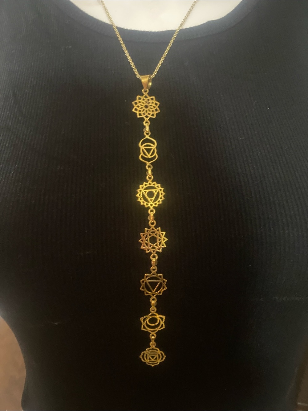 Gold Chakra Symbol Long Pendant Necklace for Women
